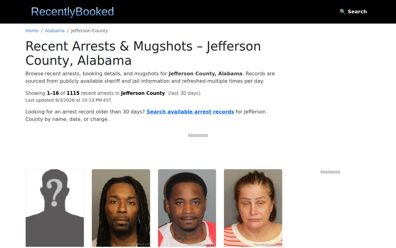 Jefferson County recent arrest booking page on an unofficial source